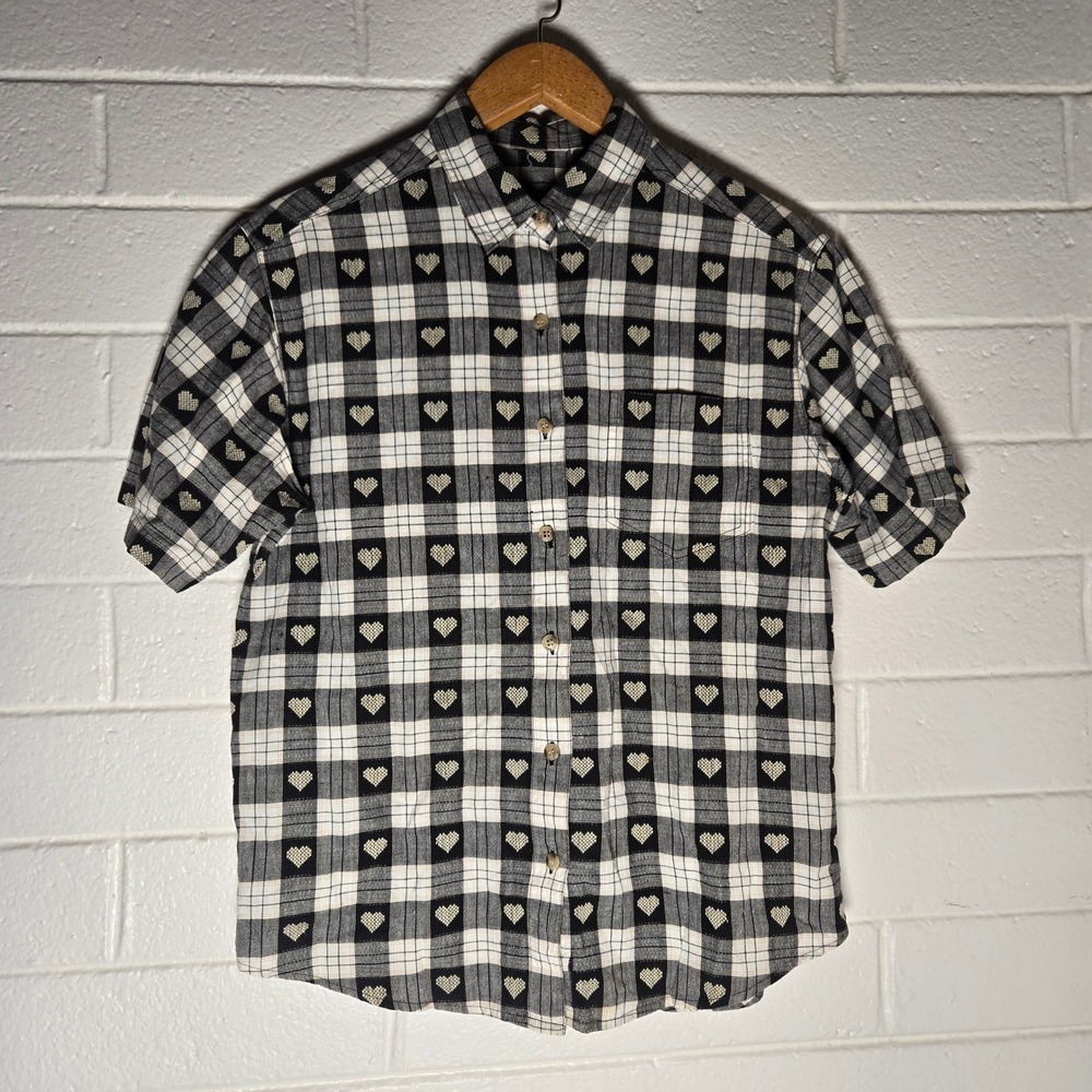 Vtg Women Button Shirt Plaid Heart Check Constrast Picnic Embroidered M